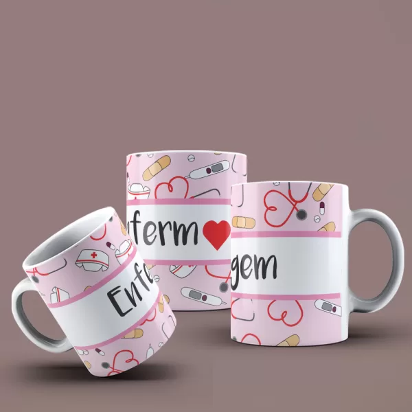 Caneca Personalizada Enfermagem com Ícones e Mensagem Carinhosa