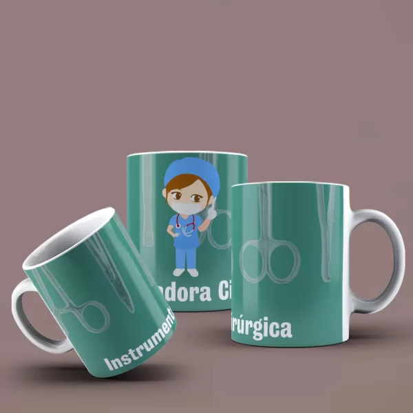 Caneca Personalizada para Instrumentadora Cirúrgica com Design Vibrante e Instrumentos Médicos